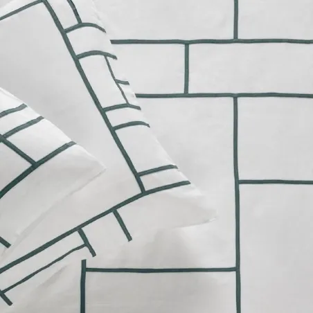 Mosaique - Drap plat en lin blanc vert paon 270X300